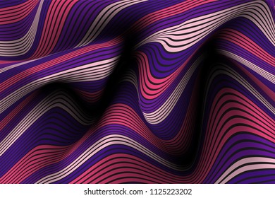 Wavy Lines with Gradient. Trendy Abstract Background with a Distorted Striped Surface. Futuristic Template with Effect of Volume and Movement. Flow. Wavy 3D Abstraction with Distorted Vector Stripes.