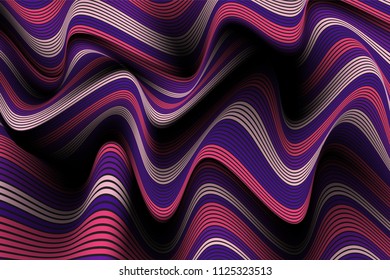 Wavy Lines with Gradient. Trendy Abstract Background with a Distorted Striped Surface. Futuristic Template with Effect of Volume and Movement. Flow. Wavy 3D Abstraction with Distorted Vector Stripes.
