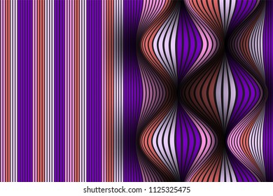 Wavy Lines with Gradient. Trendy Abstract Background with a Distorted Striped Surface. Futuristic Template with Effect of Volume and Movement. Flow. Wavy 3D Abstraction with Distorted Vector Stripes.