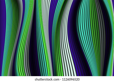 Wavy Lines with Gradient. Trendy Abstract Background with a Distorted Striped Surface. Futuristic Template with Effect of Volume and Movement. Flow. Wavy 3D Abstraction with Distorted Vector Stripes.