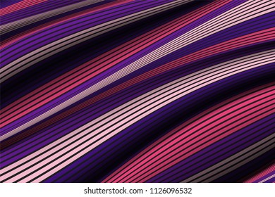 Wavy Lines with Gradient. Trendy Abstract Background with a Distorted Striped Surface. Futuristic Template with Effect of Volume and Movement. Flow. Wavy 3D Abstraction with Distorted Vector Stripes.
