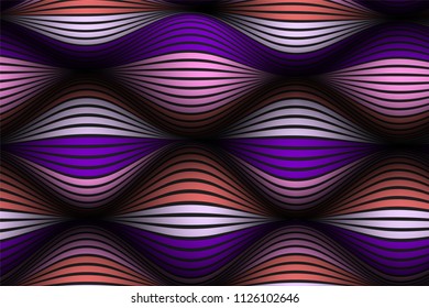 Wavy Lines with Gradient. Trendy Abstract Background with a Distorted Striped Surface. Futuristic Template with Effect of Volume and Movement. Flow. Wavy 3D Abstraction with Distorted Vector Stripes.