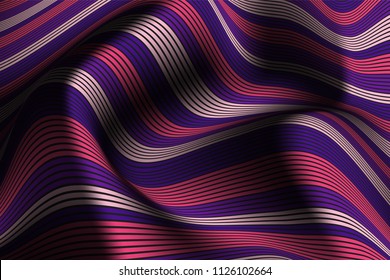 Wavy Lines with Gradient. Trendy Abstract Background with a Distorted Striped Surface. Futuristic Template with Effect of Volume and Movement. Flow. Wavy 3D Abstraction with Distorted Vector Stripes.
