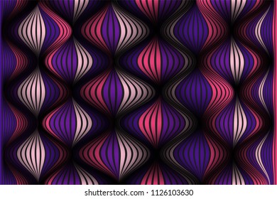 Wavy Lines with Gradient. Trendy Abstract Background with a Distorted Striped Surface. Futuristic Template with Effect of Volume and Movement. Flow. Wavy 3D Abstraction with Distorted Vector Stripes.