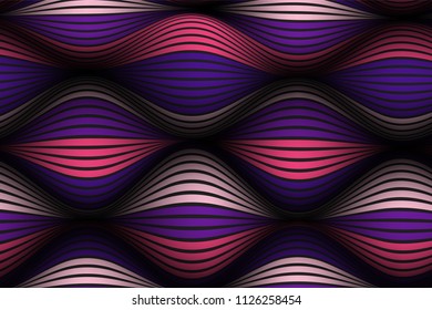 Wavy Lines with Gradient. Trendy Abstract Background with a Distorted Striped Surface. Futuristic Template with Effect of Volume and Movement. Flow. Wavy 3D Abstraction with Distorted Vector Stripes.