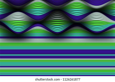 Wavy Lines with Gradient. Trendy Abstract Background with a Distorted Striped Surface. Futuristic Template with Effect of Volume and Movement. Flow. Wavy 3D Abstraction with Distorted Vector Stripes.