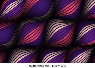 Wavy Lines with Gradient. Trendy Abstract Background with a Distorted Striped Surface. Futuristic Template with Effect of Volume and Movement. Flow. Wavy 3D Abstraction with Distorted Vector Stripes.