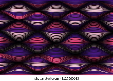 Wavy Lines with Gradient. Trendy Abstract Background with a Distorted Striped Surface. Futuristic Template with Effect of Volume and Movement. Flow. Wavy 3D Abstraction with Distorted Vector Stripes.