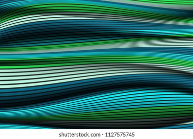Wavy Lines with Gradient. Trendy Abstract Background with a Distorted Striped Surface. Futuristic Template with Effect of Volume and Movement. Flow. Wavy 3D Abstraction with Distorted Vector Stripes.