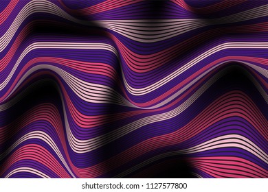 Wavy Lines with Gradient. Trendy Abstract Background with a Distorted Striped Surface. Futuristic Template with Effect of Volume and Movement. Flow. Wavy 3D Abstraction with Distorted Vector Stripes.
