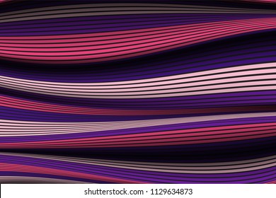 Wavy Lines with Gradient. Trendy Abstract Background with a Distorted Striped Surface. Futuristic Template with Effect of Volume and Movement. Flow. Wavy 3D Abstraction with Distorted Vector Stripes.