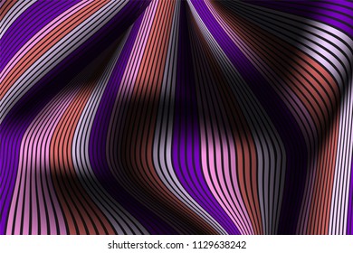 Wavy Lines with Gradient. Trendy Abstract Background with a Distorted Striped Surface. Futuristic Template with Effect of Volume and Movement. Flow. Wavy 3D Abstraction with Distorted Vector Stripes.