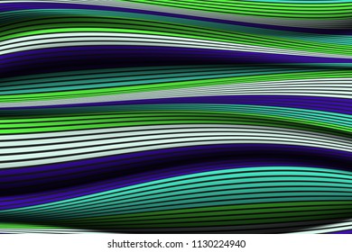 Wavy Lines with Gradient. Trendy Abstract Background with a Distorted Striped Surface. Futuristic Template with Effect of Volume and Movement. Flow. Wavy 3D Abstraction with Distorted Vector Stripes.