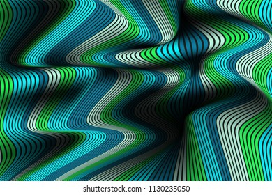 Wavy Lines with Gradient. Trendy Abstract Background with a Distorted Striped Surface. Futuristic Template with Effect of Volume and Movement. Flow. Wavy 3D Abstraction with Distorted Vector Stripes.