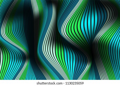 Wavy Lines with Gradient. Trendy Abstract Background with a Distorted Striped Surface. Futuristic Template with Effect of Volume and Movement. Flow. Wavy 3D Abstraction with Distorted Vector Stripes.