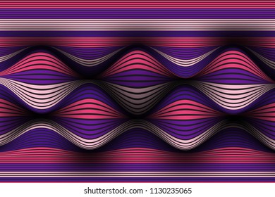 Wavy Lines with Gradient. Trendy Abstract Background with a Distorted Striped Surface. Futuristic Template with Effect of Volume and Movement. Flow. Wavy 3D Abstraction with Distorted Vector Stripes.