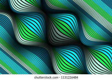 Wavy Lines with Gradient. Trendy Abstract Background with a Distorted Striped Surface. Futuristic Template with Effect of Volume and Movement. Flow. Wavy 3D Abstraction with Distorted Vector Stripes.