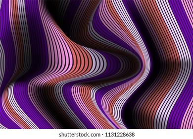 Wavy Lines with Gradient. Trendy Abstract Background with a Distorted Striped Surface. Futuristic Template with Effect of Volume and Movement. Flow. Wavy 3D Abstraction with Distorted Vector Stripes.
