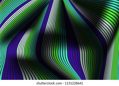 Wavy Lines with Gradient. Trendy Abstract Background with a Distorted Striped Surface. Futuristic Template with Effect of Volume and Movement. Flow. Wavy 3D Abstraction with Distorted Vector Stripes.