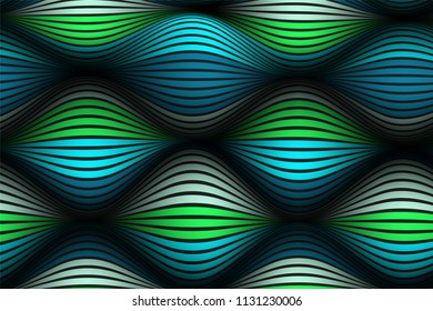 Wavy Lines with Gradient. Trendy Abstract Background with a Distorted Striped Surface. Futuristic Template with Effect of Volume and Movement. Flow. Wavy 3D Abstraction with Distorted Vector Stripes.