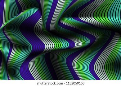 Wavy Lines with Gradient. Trendy Abstract Background with a Distorted Striped Surface. Futuristic Template with Effect of Volume and Movement. Flow. Wavy 3D Abstraction with Distorted Vector Stripes.