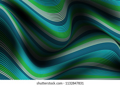 Wavy Lines with Gradient. Trendy Abstract Background with a Distorted Striped Surface. Futuristic Template with Effect of Volume and Movement. Flow. Wavy 3D Abstraction with Distorted Vector Stripes.