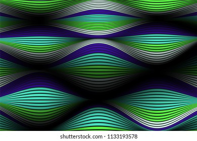 Wavy Lines with Gradient. Trendy Abstract Background with a Distorted Striped Surface. Futuristic Template with Effect of Volume and Movement. Flow. Wavy 3D Abstraction with Distorted Vector Stripes.