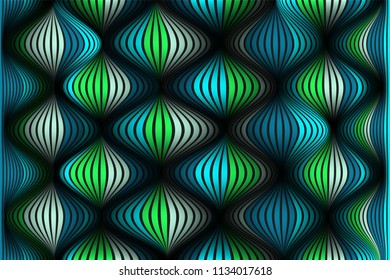 Wavy Lines with Gradient. Trendy Abstract Background with a Distorted Striped Surface. Futuristic Template with Effect of Volume and Movement. Flow. Wavy 3D Abstraction with Distorted Vector Stripes.