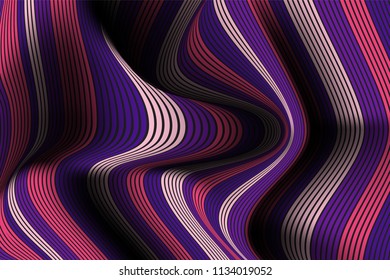 Wavy Lines with Gradient. Trendy Abstract Background with a Distorted Striped Surface. Futuristic Template with Effect of Volume and Movement. Flow. Wavy 3D Abstraction with Distorted Vector Stripes.