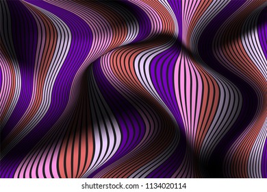 Wavy Lines with Gradient. Trendy Abstract Background with a Distorted Striped Surface. Futuristic Template with Effect of Volume and Movement. Flow. Wavy 3D Abstraction with Distorted Vector Stripes.