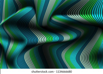 Wavy Lines with Gradient. Trendy Abstract Background with a Distorted Striped Surface. Futuristic Template with Effect of Volume and Movement. Flow. Wavy 3D Abstraction with Distorted Vector Stripes.