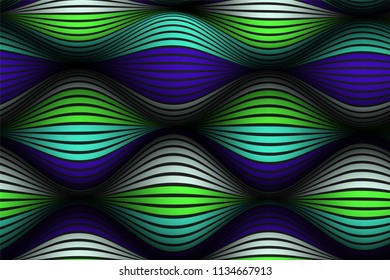Wavy Lines with Gradient. Trendy Abstract Background with a Distorted Striped Surface. Futuristic Template with Effect of Volume and Movement. Flow. Wavy 3D Abstraction with Distorted Vector Stripes.