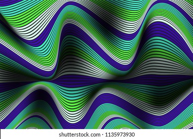 Wavy Lines with Gradient. Trendy Abstract Background with a Distorted Striped Surface. Futuristic Template with Effect of Volume and Movement. Flow. Wavy 3D Abstraction with Distorted Vector Stripes.