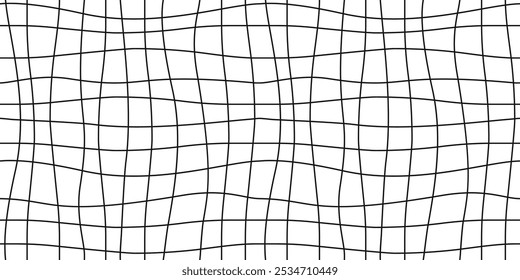 Сurved wavy lines grid seamless pattern. Surface distorted abstract texture. Psychedelic groovy background for textile, wallpaper. Contemporary digital optical art