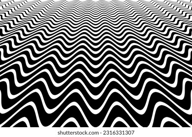 Wavy Lines Halftone Pattern in Diminishing Perspective View. Abstract Black and White Textured Background. Vector Art.