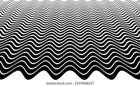 Wavy Lines Halftone Pattern in Diminishing Perspective View. Abstract Black and White Textured Background. Vector Art.