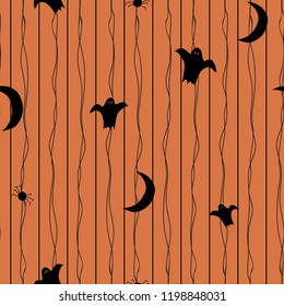 Wavy lines with Halloween silhouettes on orange background. Seamless vector pattern. Ghosts, crescent moons, spiders. Background, wallpaper, party decorations, scrapbooking, kids, graphic design uses.