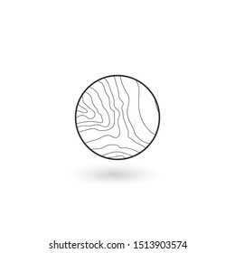 Wavy lines linear round icon of water, tree rings round Geometric identity Logo Design icon with shadow. Wood product concept Logo. Stock Vector illustration isolated on white background