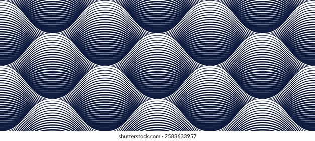 Wavy lines linear seamless pattern, water waves repeat abstract background, curve lines runny river tranquil and relaxing tiling wallpaper.