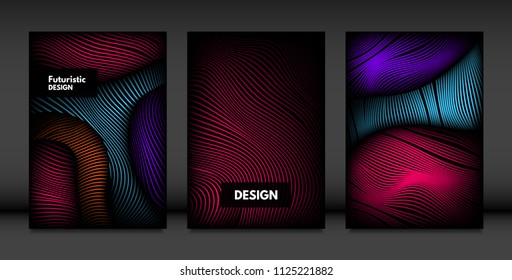 Wavy Lines in Movement. Abstract Backgrounds with Vibrant Gradient and Volume Effect in Modern Style. 3D Vector Abstraction with Distorted Shapes. Wavy Lines for Cover, Magazine, Poster, Brochure.