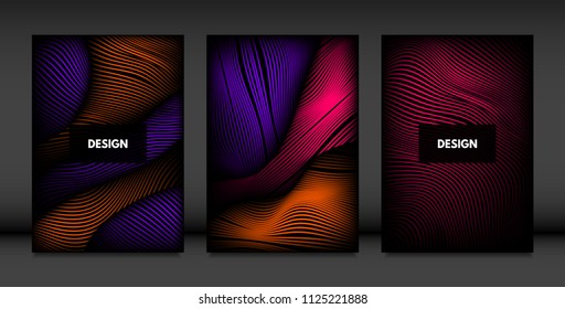 Wavy Lines in Movement. Abstract Backgrounds with Vibrant Gradient and Volume Effect in Modern Style. 3D Vector Abstraction with Distorted Shapes. Wavy Lines for Cover, Magazine, Poster, Brochure.
