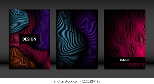 Wavy Lines in Movement. Abstract Backgrounds with Vibrant Gradient and Volume Effect in Modern Style. 3D Vector Abstraction with Distorted Shapes. Wavy Lines for Cover, Magazine, Poster, Brochure.