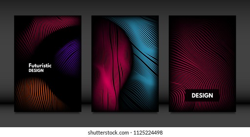 Wavy Lines in Movement. Abstract Backgrounds with Vibrant Gradient and Volume Effect in Modern Style. 3D Vector Abstraction with Distorted Shapes. Wavy Lines for Cover, Magazine, Poster, Brochure.