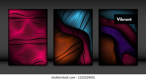 Wavy Lines in Movement. Abstract Backgrounds with Vibrant Gradient and Volume Effect in Modern Style. 3D Vector Abstraction with Distorted Shapes. Wavy Lines for Cover, Magazine, Poster, Brochure.