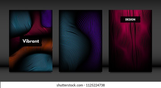 Wavy Lines in Movement. Abstract Backgrounds with Vibrant Gradient and Volume Effect in Modern Style. 3D Vector Abstraction with Distorted Shapes. Wavy Lines for Cover, Magazine, Poster, Brochure.
