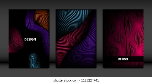Wavy Lines in Movement. Abstract Backgrounds with Vibrant Gradient and Volume Effect in Modern Style. 3D Vector Abstraction with Distorted Shapes. Wavy Lines for Cover, Magazine, Poster, Brochure.