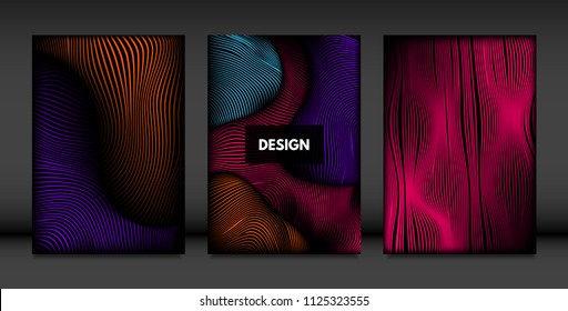 Wavy Lines in Movement. Abstract Backgrounds with Vibrant Gradient and Volume Effect in Modern Style. 3D Vector Abstraction with Distorted Shapes. Wavy Lines for Cover, Magazine, Poster, Brochure.