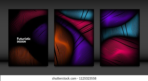 Wavy Lines in Movement. Abstract Backgrounds with Vibrant Gradient and Volume Effect in Modern Style. 3D Vector Abstraction with Distorted Shapes. Wavy Lines for Cover, Magazine, Poster, Brochure.