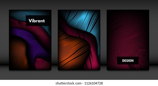 Wavy Lines in Movement. Abstract Backgrounds with Vibrant Gradient and Volume Effect in Modern Style. 3D Vector Abstraction with Distorted Shapes. Wavy Lines for Cover, Magazine, Poster, Brochure.