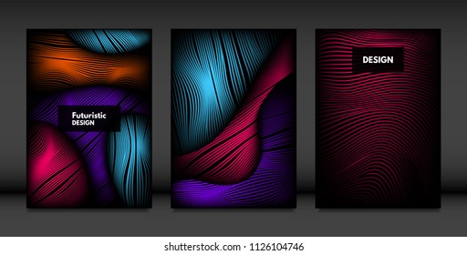 Wavy Lines in Movement. Abstract Backgrounds with Vibrant Gradient and Volume Effect in Modern Style. 3D Vector Abstraction with Distorted Shapes. Wavy Lines for Cover, Magazine, Poster, Brochure.